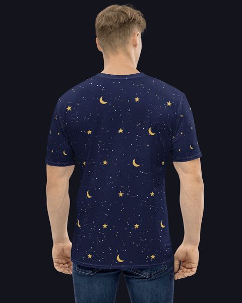 Model wearing the men's Moon & Stars lounge tee