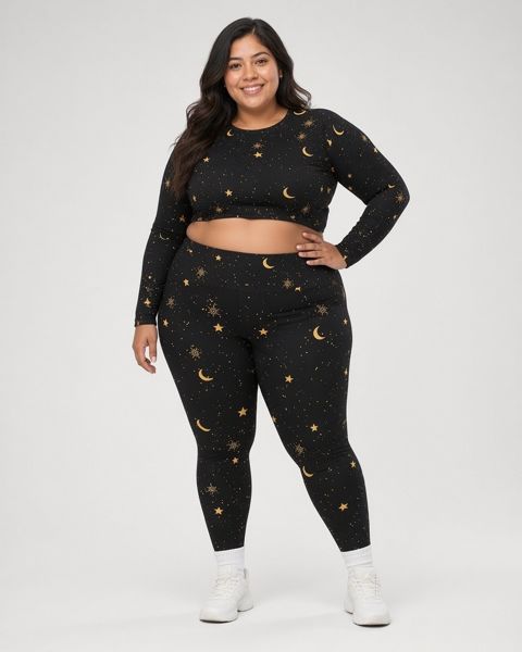 Model wearing the Black & Gold Snug Fit crop top and plus-size leggings