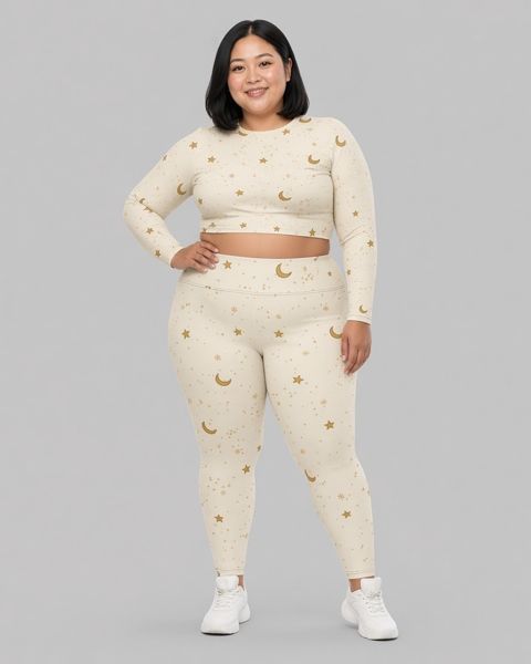 Model wearing the Cream & Gold Snug Fit crop top and plus-size leggings