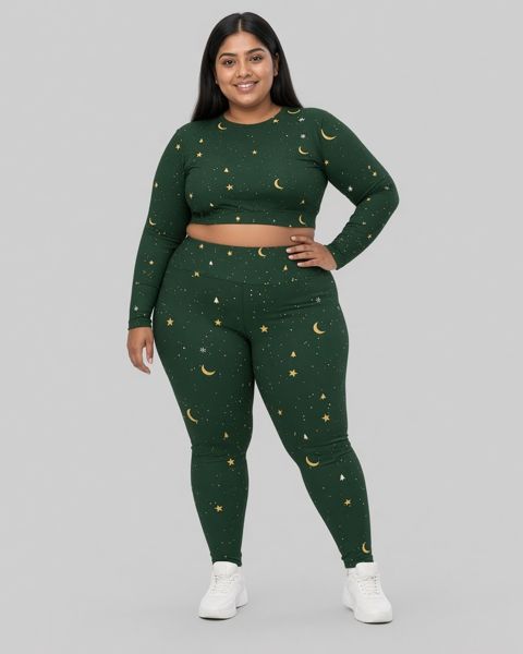 Model wearing the Forest Holiday Snug Fit crop top and plus-size leggings