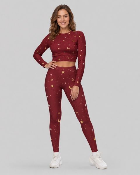 Model wearing the Red & Gold Snug Fit crop top and leggings