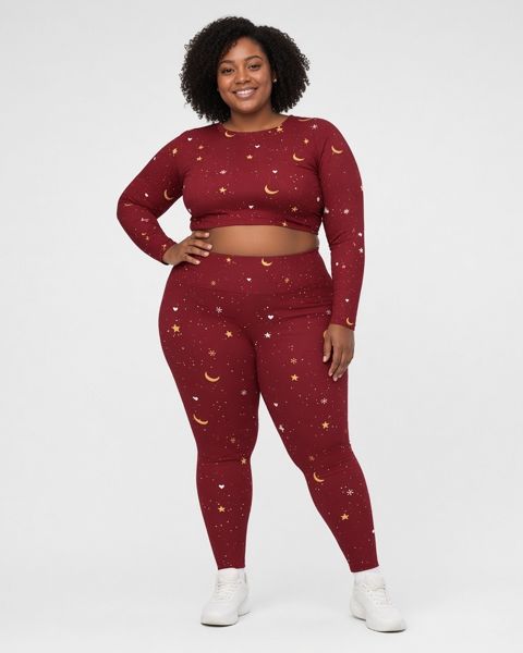 Model wearing the Red & Gold Snug Fit crop top and plus-size leggings